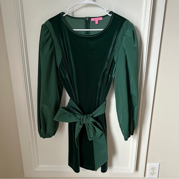 LDT Hannah Emerald Velvet Mini Holiday Dress Size 14 Belted Puff Long Sleeve - Picture 5 of 12